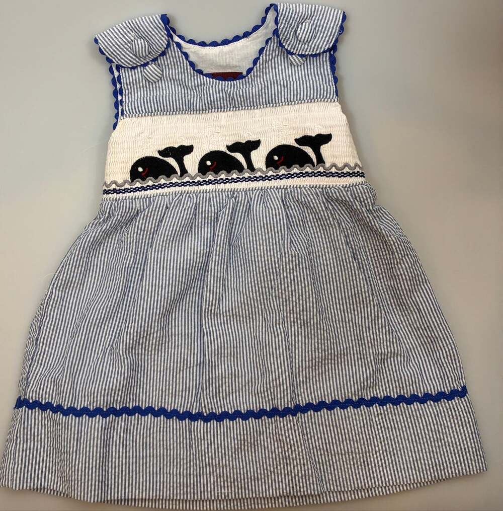 Lil Cactus Smocked Whale Dress Baby Girl 3-6M Blue Seersucker Nautical